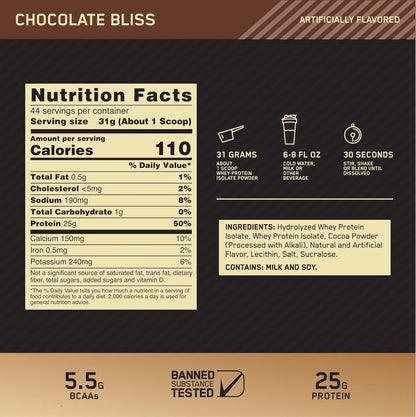 Optimum Nutrition Gold Standard 100% Isolate, Protein Powder, Chocolate Bliss, 3 Pounds, 44 Servings. Whey Protein Isolate